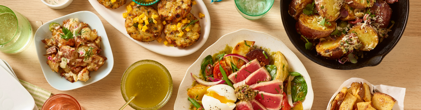 Recipes header image with potato dishes on a table