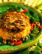 Shiitake Mushroom Burger with Black-Eyed Pea and Roasted Pepper Salad and Crispy Potato Cakes