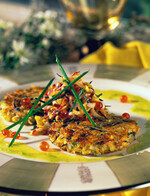 Idaho® Potato, Crab and Onion Pancake with Endive and Caviar Salad