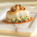 Pan-Seared Halibut with Rock Shrimp Hash & Basil Mashed Idaho® Potatoes