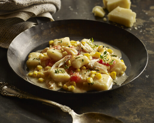 Louisiana Crab, Corn and Tomato Gnocchi with Pork and Parmesan Beurre Monté